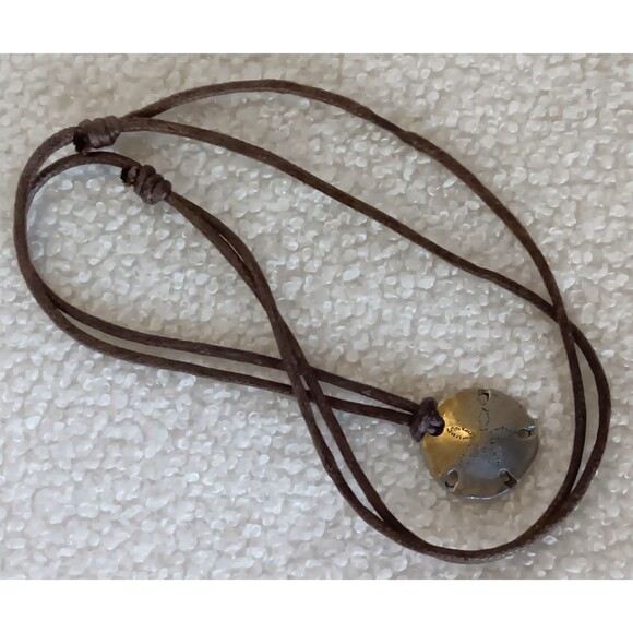 Boho Pewter Sand Dollar Pendant Necklace Adjustable Brown Cord 22 in - Picture 6 of 8